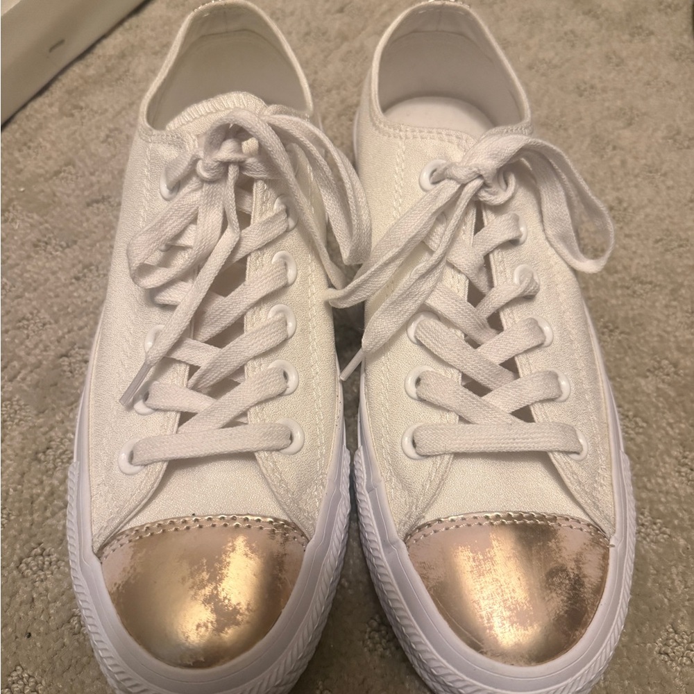 Converse White Canvas Sneakers with Metallic Gold Toe Caps
